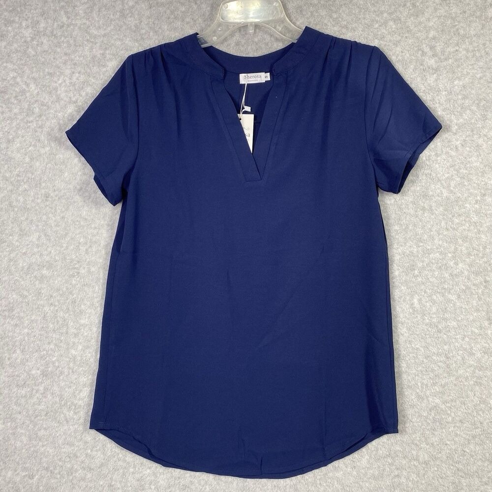 V-Neck Blouse Womens S Navy Blue NEW Short Sleeve Pleated Back Top Sherosa